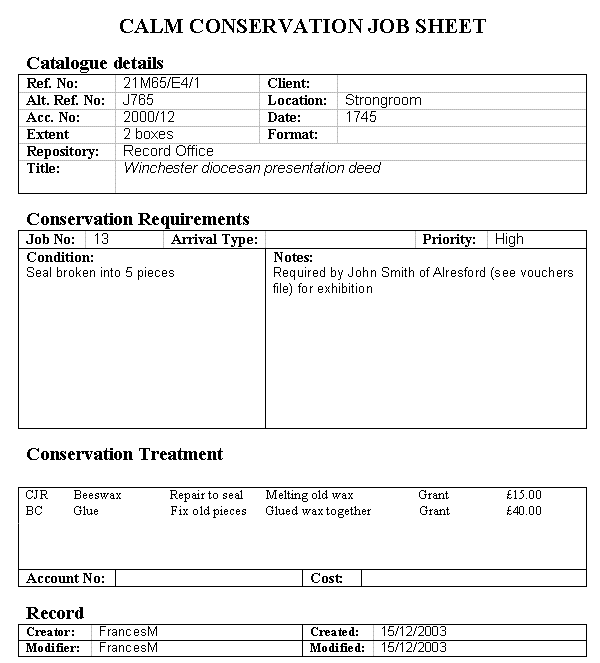 Image of example conservation job report