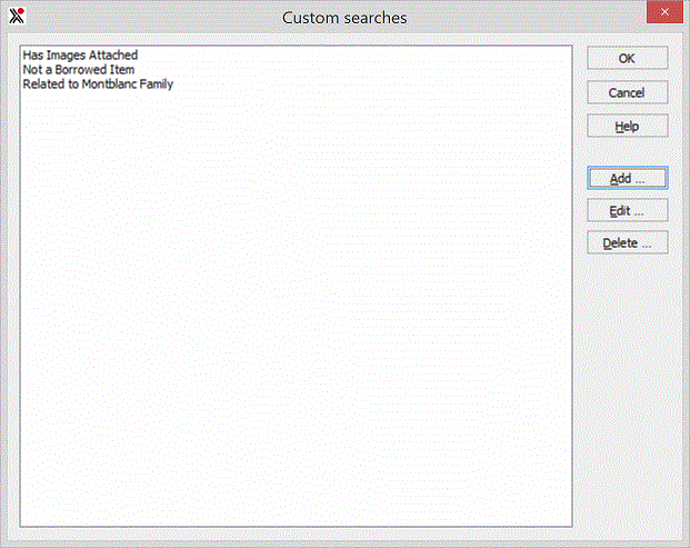 Image of custom searches dialogue box, showing three searches