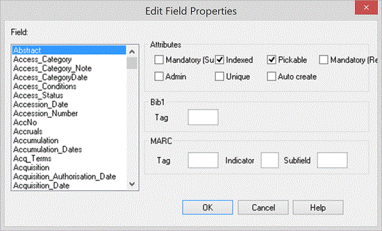 The field properties dialogue box, which 
has a list of all fields in the program and tickboxes for each attribute listed below.