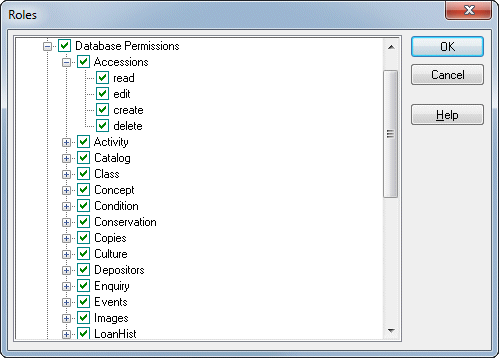 Image of roles dialogue box in security, accessions database branch is expanded