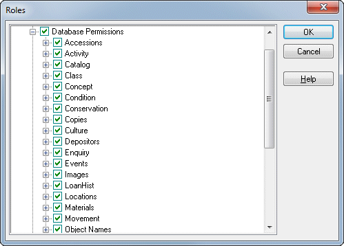 Image of roles dialogue box in security, database permissions branch is expanded