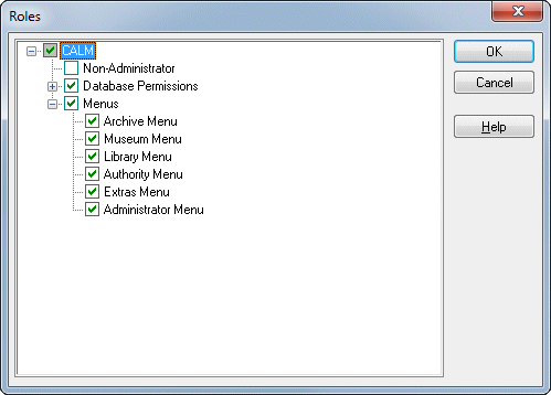 Image of roles dialogue box in security, showing menus branch expanded