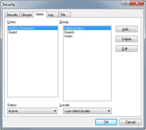 Image of security dialogue box showing Users tab