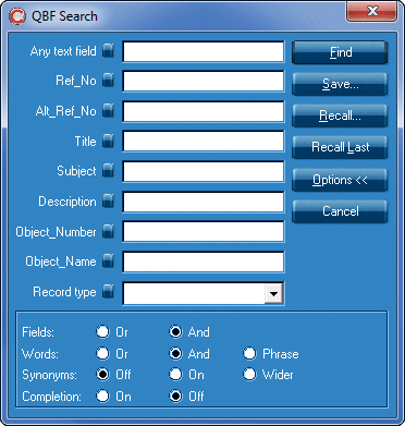 Dialogue box has text entry boxes for: Any text field, RefNo, AltRefNo, Title, Subject, Description, ObjectNumber, ObjectName and Record type. Also, the following buttons: Find, Save, Recall, Recall Last, Options and Cancel