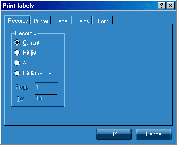 Dialogue box showing Records tab, options are Current, Hit list, All and Hit list range, with OK and Cancel buttons