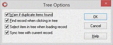 Options are: Warn if duplicate items found, Find record when clicking in tree, Select item in tree when loading record and Sync tree with current record, OK, Cancel and Help buttons are also shown.