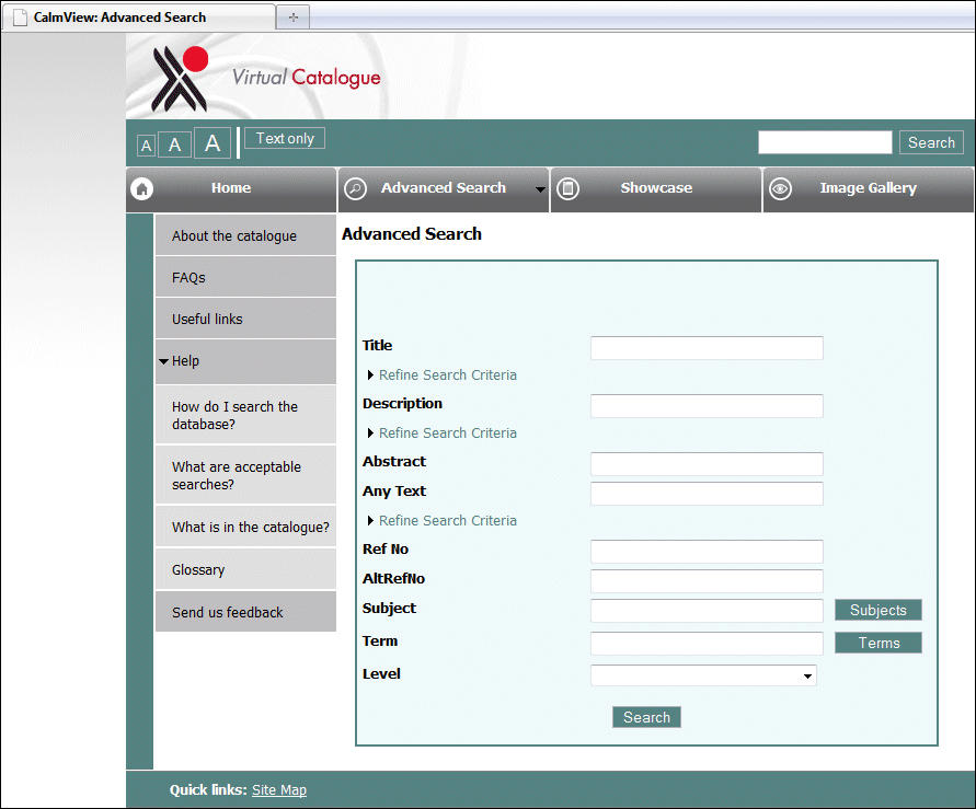 Example Advanced Search page for Catalogue database
