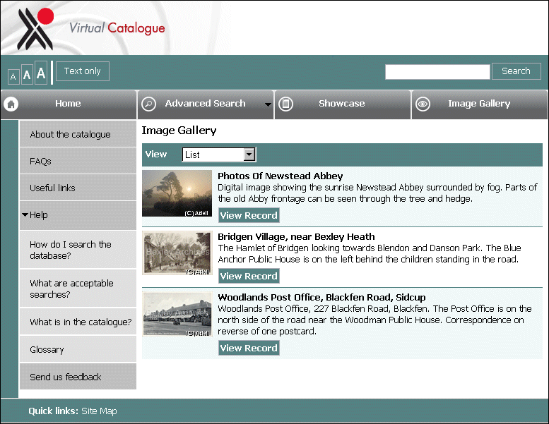 An example of an image gallery in list mode