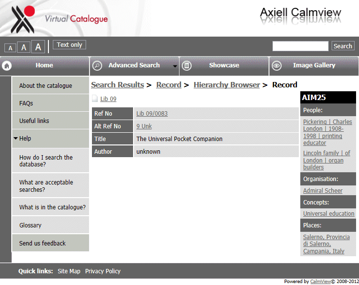 Example of a record view showing linked data