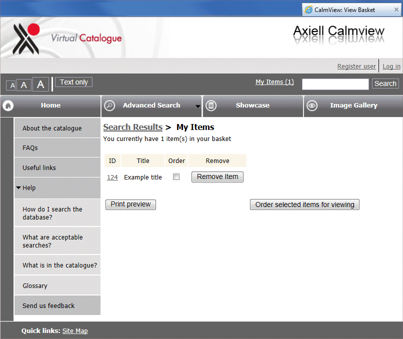 An example of a My Items basket page.