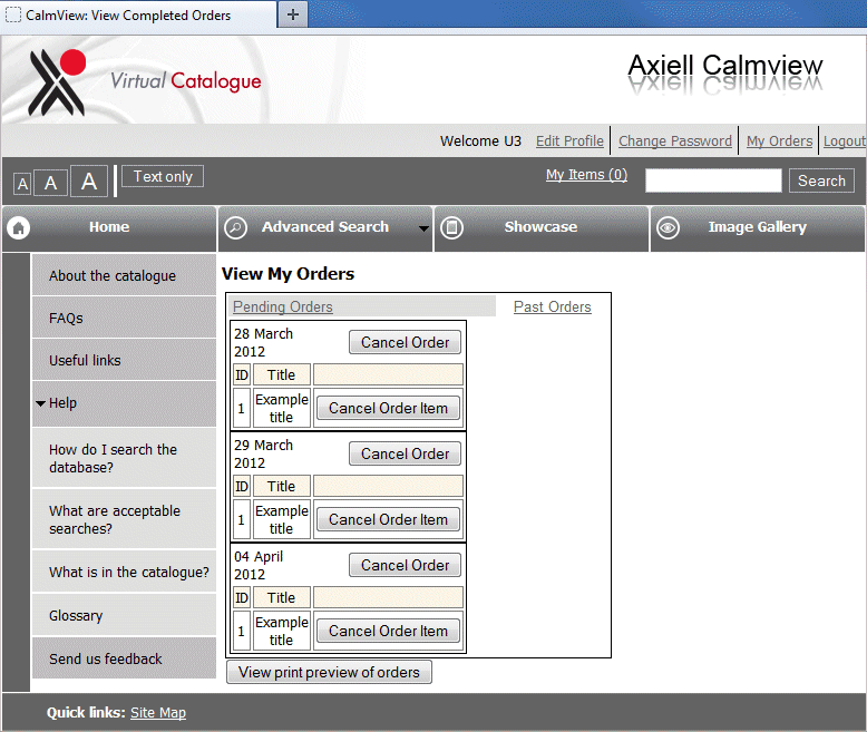 An example of a 'View my Orders' page.