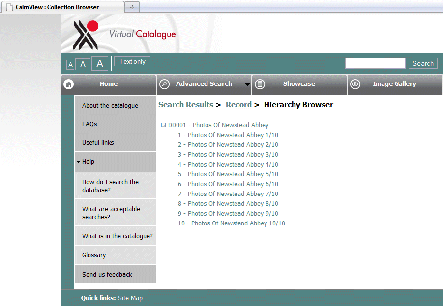 An example of the Collection Browser page in CalmView