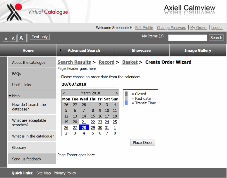 An example of a Create Order page where a user must choose the date.