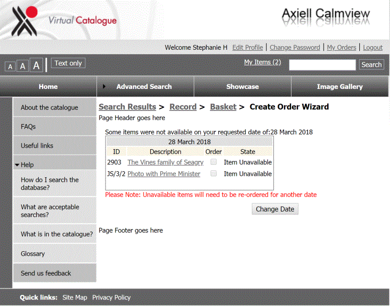 An example of a Create Order page where the items are unavailable.