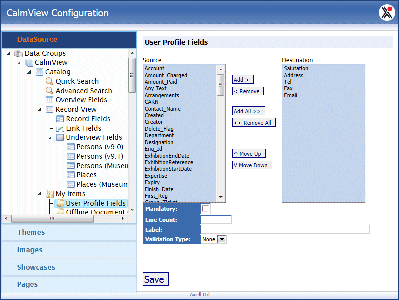 The User Profile Fields option under My Items in the Datasource option