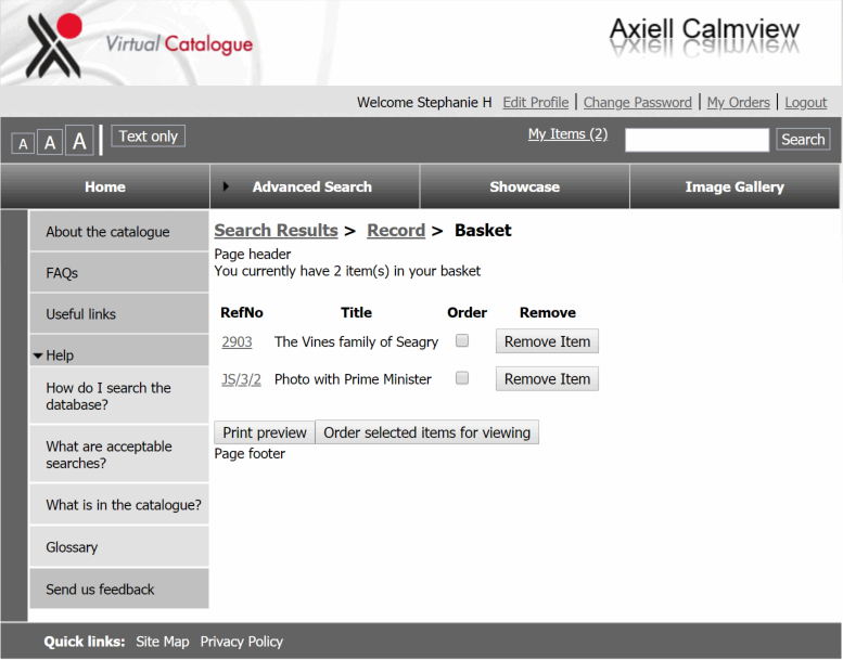 An example of a My Items basket page.