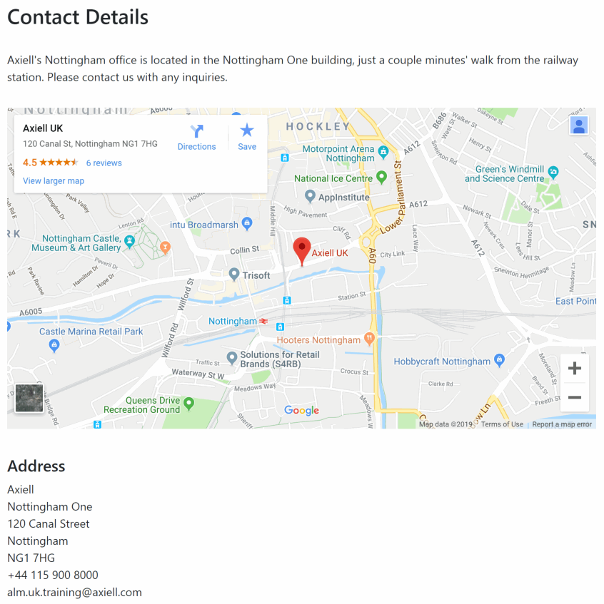 The contact page, showing a Google Map location of the site as well as a written address below