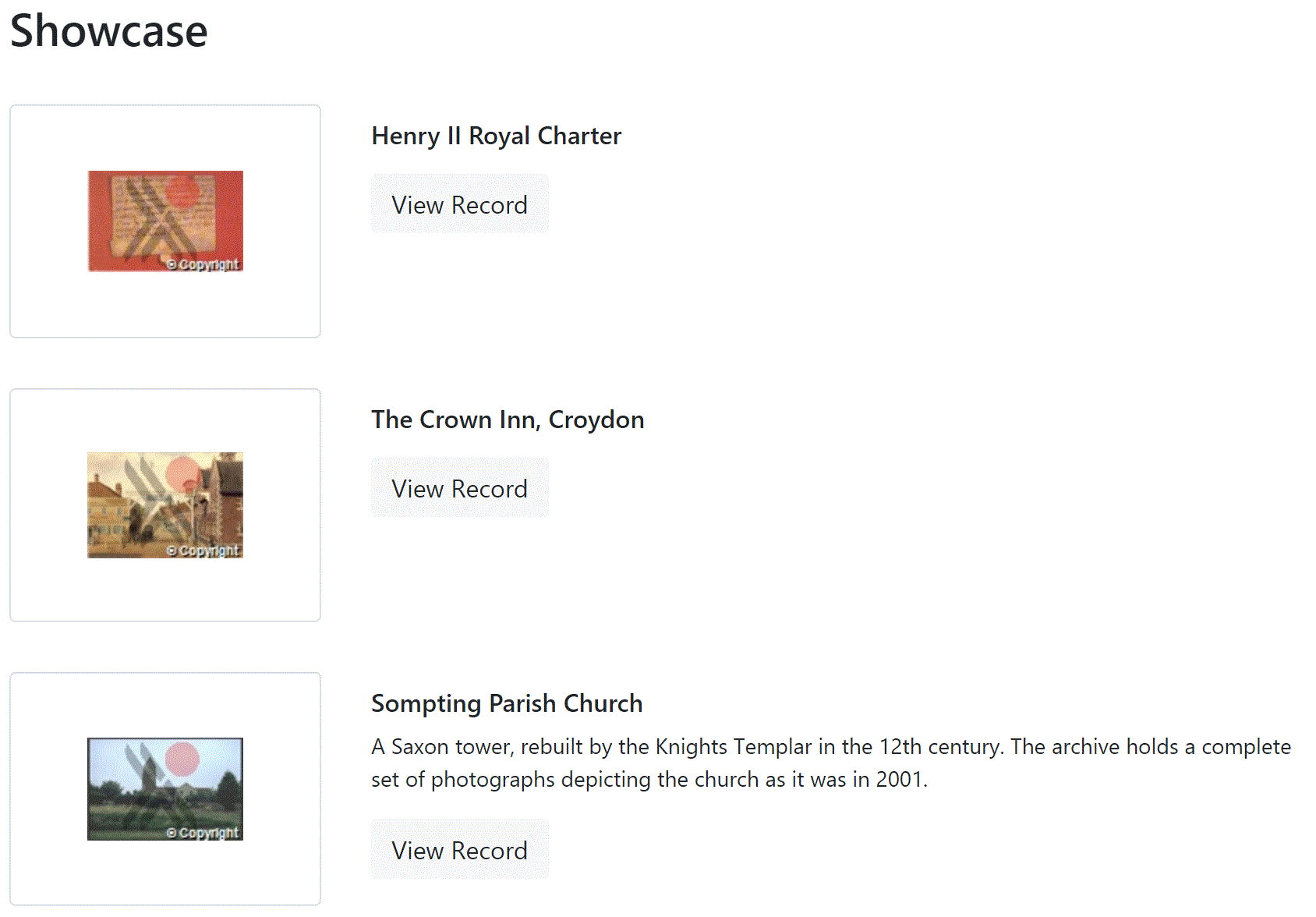 The Record Showcase, showing three records with images, Titles, and Descriptions for each
