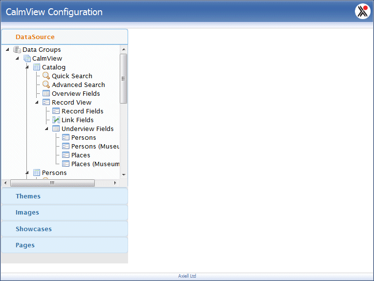 The initial screen of the CalmView configurator, showing options on the left hand menu, 'DataSource' being the open option.
