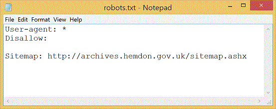 The robots.txt file, with a line reading Sitemap: http://archives.hemdon.gov.uk/sitemap.ashx