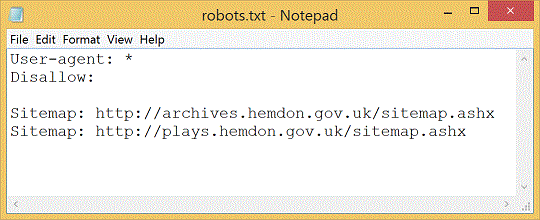 The robots.txt file, with two lines, reading Sitemap: http://archives.hemdon.gov.uk/sitemap.ashx and Sitemap: http://play.hemdon.gov.uk/sitemap.ashx