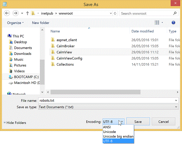 The Notepad 'Save As' dialogue box with the Encoding drop-down menu open and ANSI selected