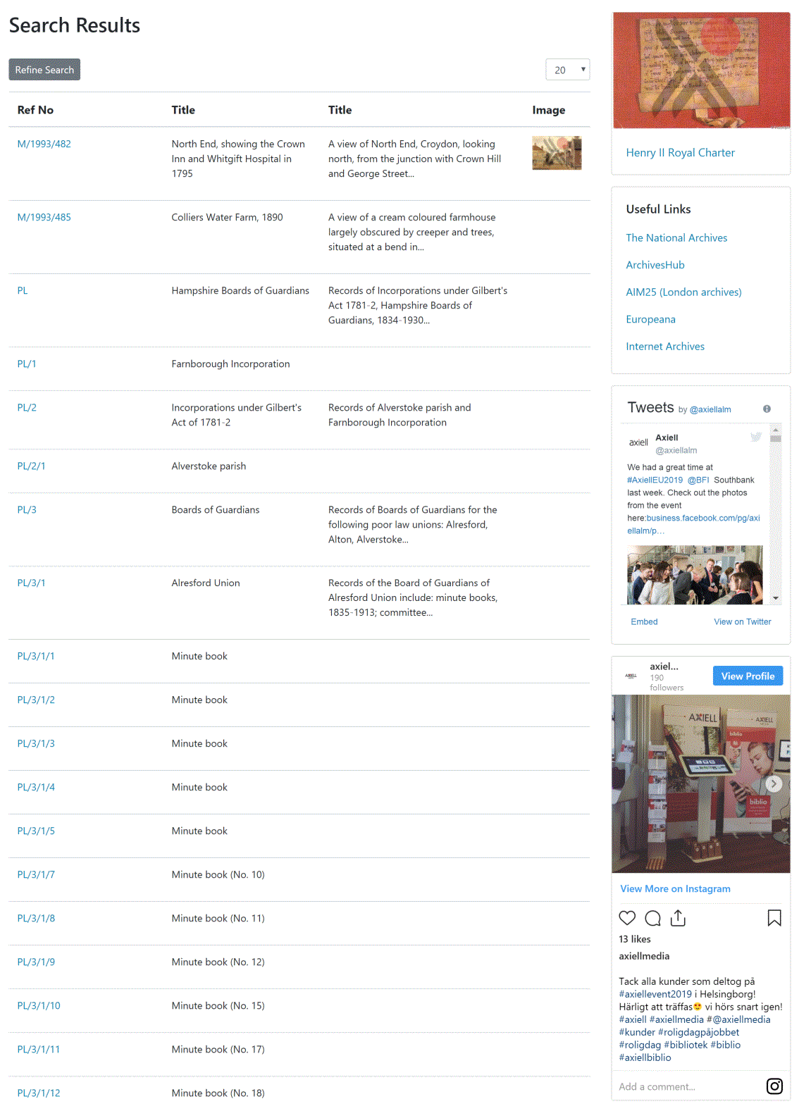 A list of search results in CalmView, showing the sidebar at right, featuring a record from the showcase, useful links, a Twitter feed, and an Instagram picture