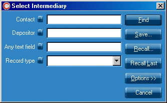 Text entry boxes for the following fields: Contact, Depositor and Any text field, a drop-down box for the Record type field, also Find, Options and Cancel buttons.