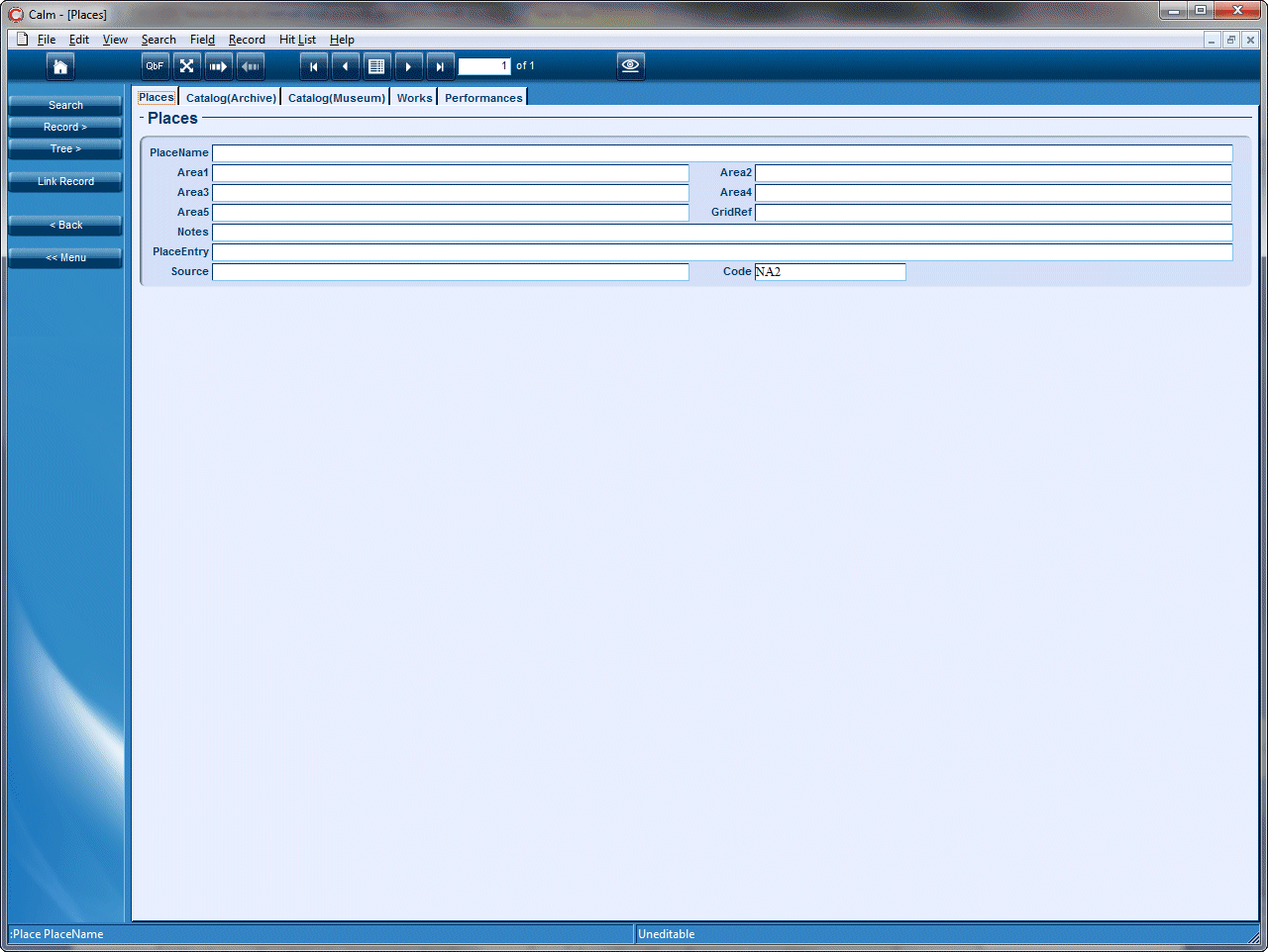 A Place record contains the following fields: PlaceName, Area1, Area2, Area3, Area4, Area5, GridRef, Notes, PlaceEntry, Source and Code (which can be pre-filled).
