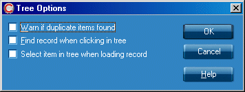 Options are: Warn if duplicate items found, Find record when clicking in tree and Select item in tree when loading record, OK, Cancel and Help buttons are also shown.