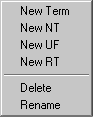 Options are: New Term, New NT, New UF, New RT, Delete and Rename