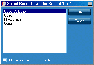 Dialogue box with a list of available record types, OK and Cancel buttons, also a checkbox for 'All remaining records of this type'.