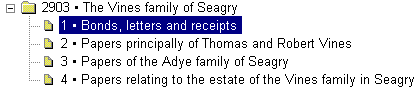 2903 The Vines family of Seagry
1 Bonds, letters and receipts
2 Papers principally of Thomas and Robert Vines
3 Papers of the Adye family of Seagry
4 Papers relating to the estate of the Vines family in Seagry