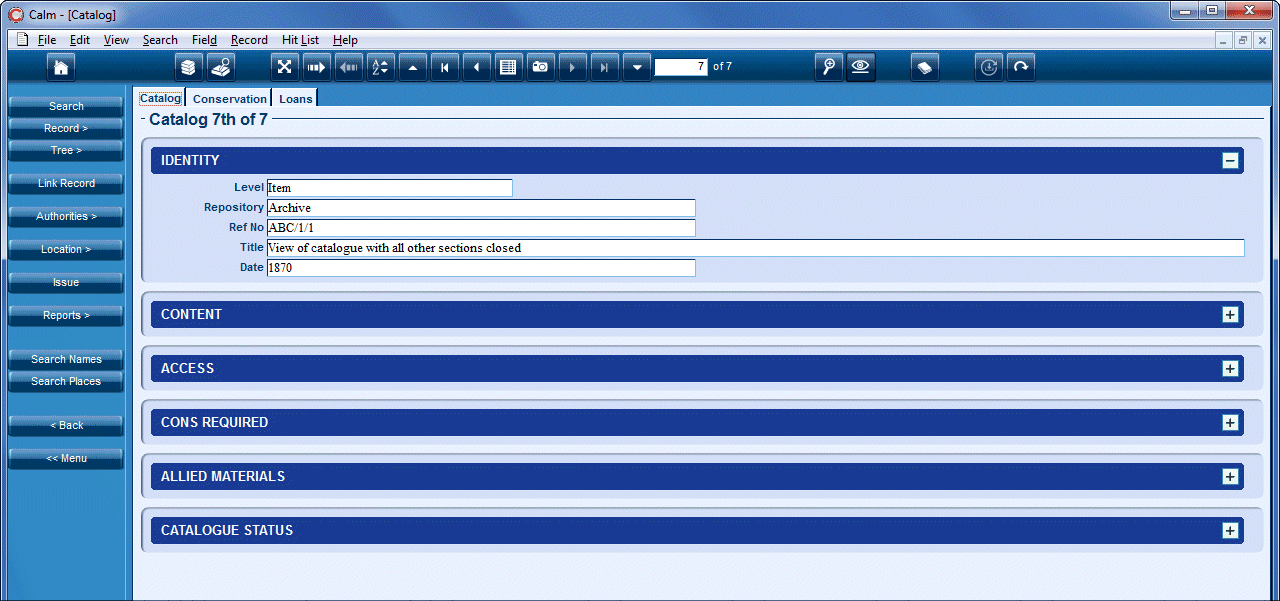 Image of an example record showing field groups hidden except Identity group