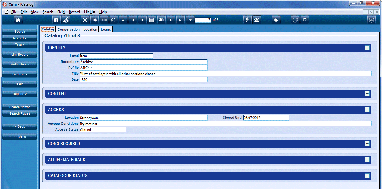 Image of an example record showing Identity and Access groups and all other groups hidden