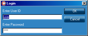 Dialogue box asking you to enter your User Id and Password (which is case sensitive) with OK and Cancel buttons