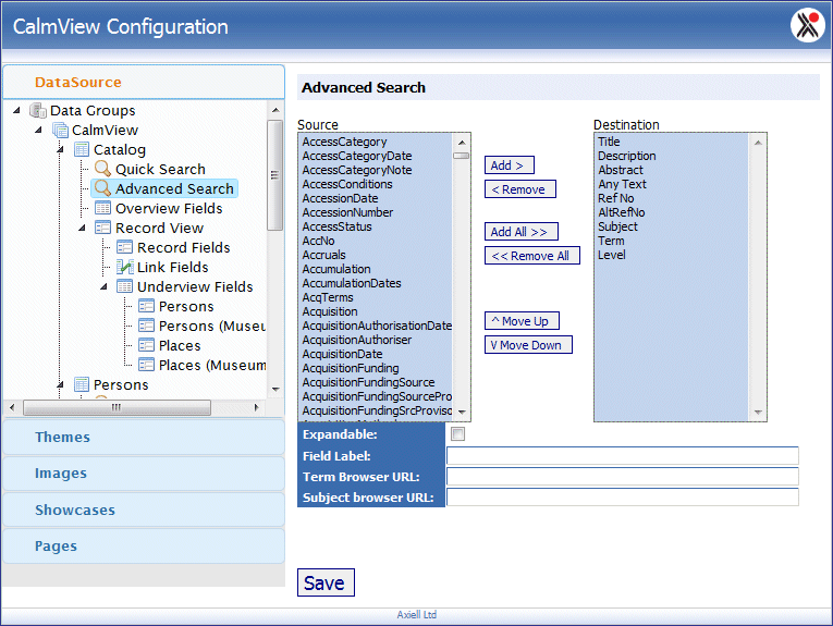 The advanced search screen under the Datasource option