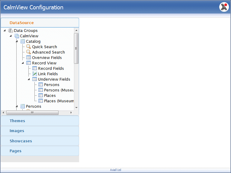 The initial screen of the Calmview configurator, showing options on the left hand menu, 'DataSource' being the open option.