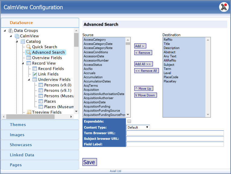 The advanced search screen under the Datasource option