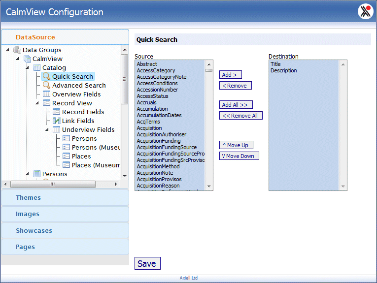 The quick search screen under the Datasource option