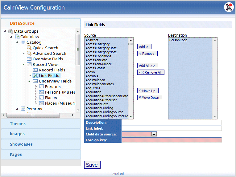 The Link Fields option under Record View in the Datasource option