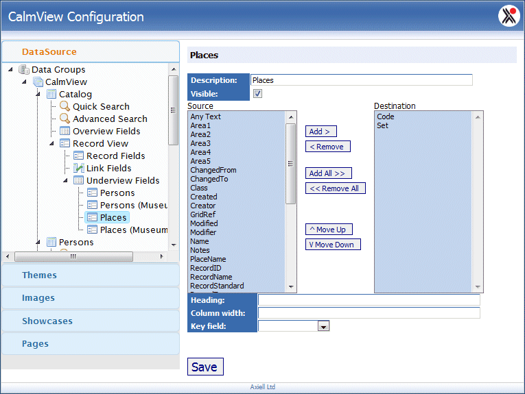 The Places database Underview Fields option under the Datasource option