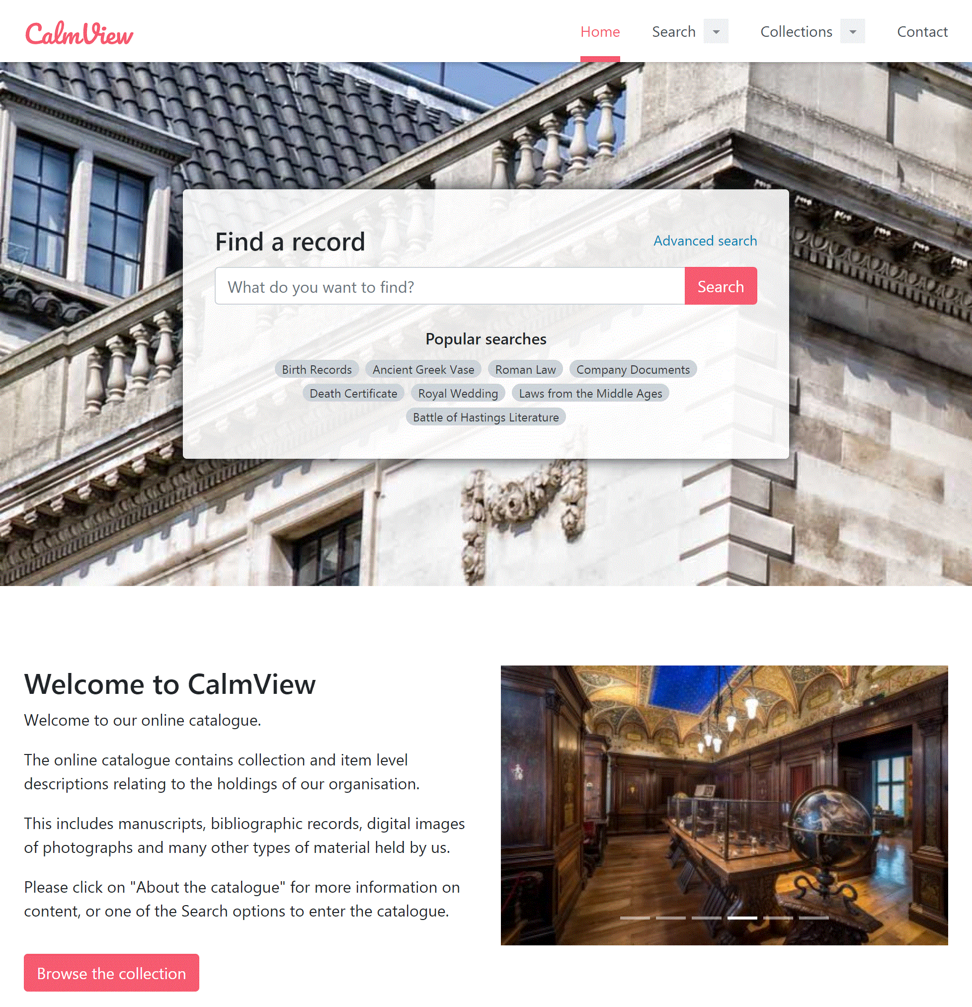 The CalmView Home Page, showing a search bar with splash image behind, a welcome message, and a carousel of images