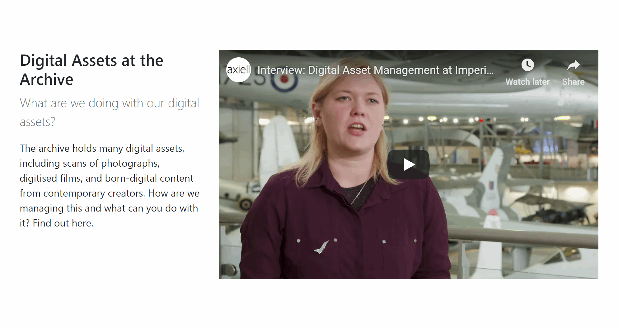 The embedded video section of the home page, showing a video at right and text at left